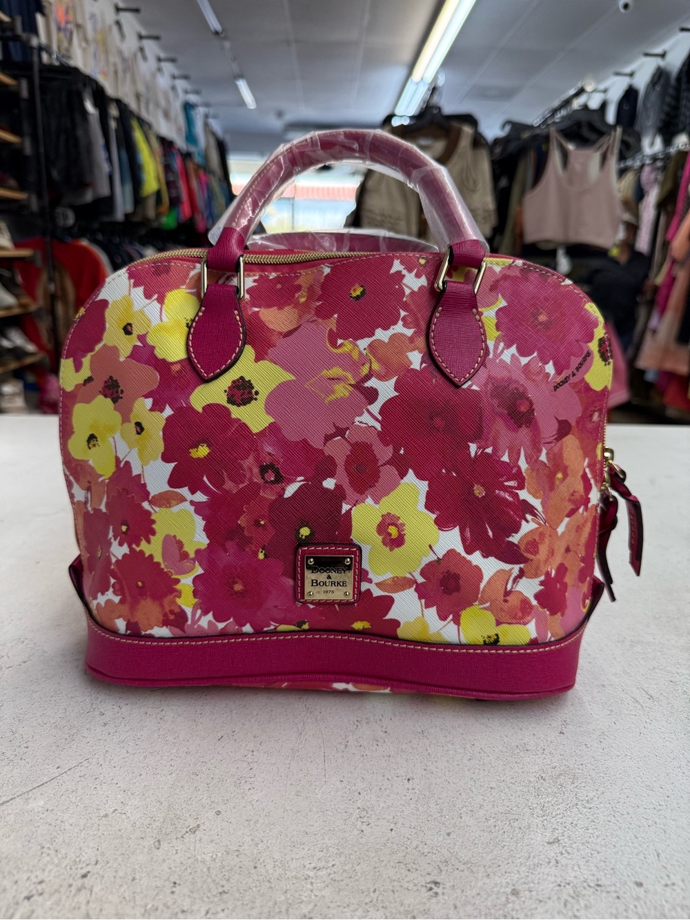 NWT Dooney & Bourke Floral Satchel Top Handle Zip, Detachable Strap, Gold HW